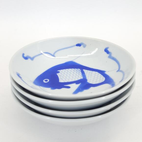 Vtg Chinese Koi Fish Dipping Dish Saucer Cobalt Blue Ceramic Handpainted 5" 4pcs - Picture 2 of 5